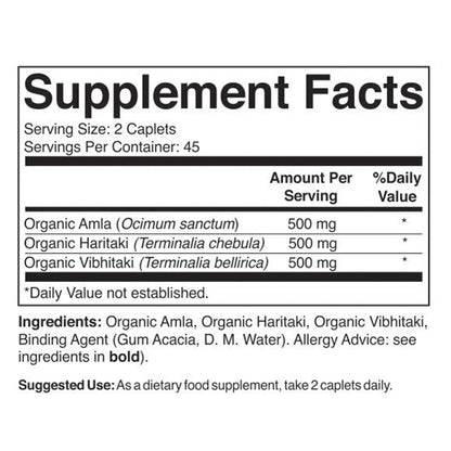Brieofood Organic Triphala dietary supplement bottle showing allergy-friendly details