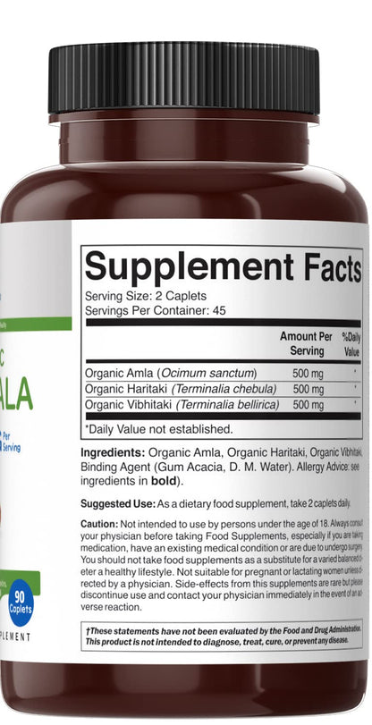 Brieofood USA imported Triphala tablets showing organic and gluten-free seals