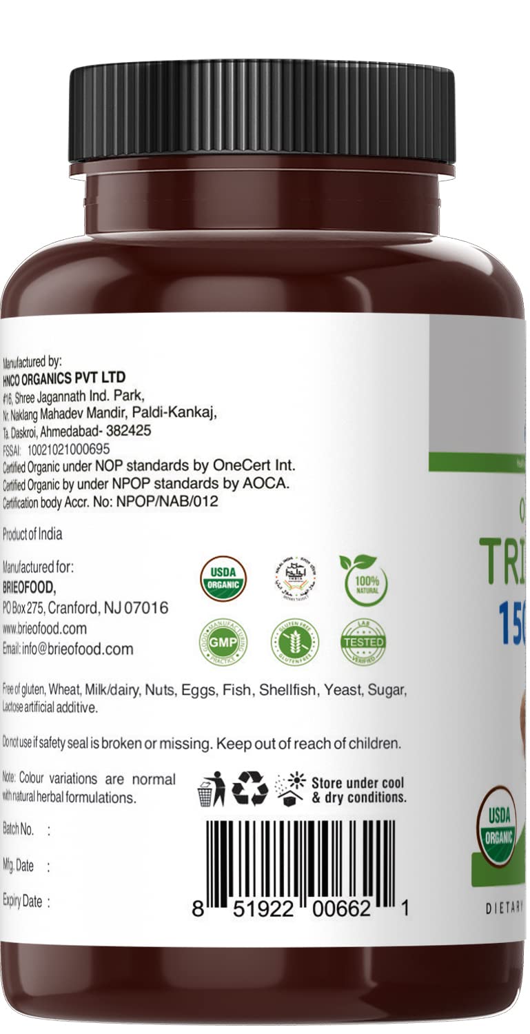 Side view of Brieofood Triphala 90 count bottle showing clear ingredient list