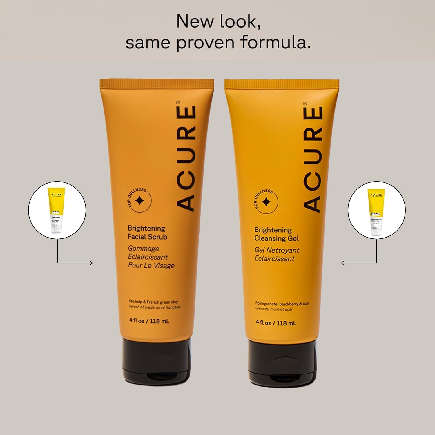 Acure vegan face wash duo featuring the brightening daily cleanser and exfoliating scrub bottles.