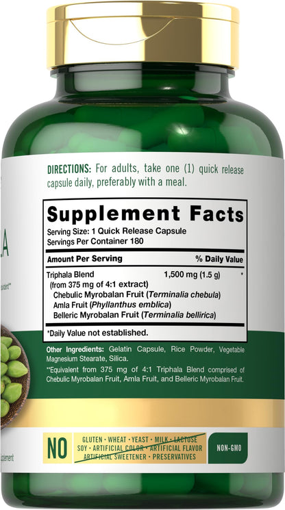 Carlyle Triphala supplement capsules bottle showing non-GMO gluten free seals