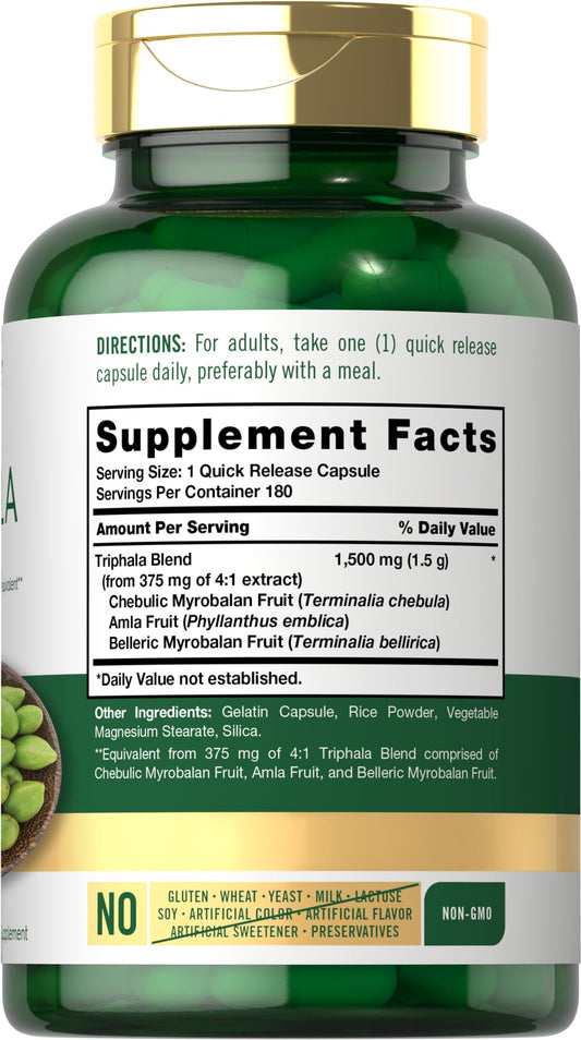 Carlyle Triphala supplement capsules bottle showing non-GMO gluten free seals
