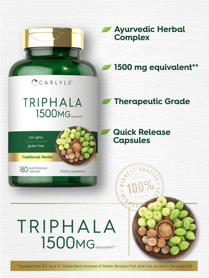 Back label of Carlyle Triphala 180 capsules detailing the three traditional fruits ingredients