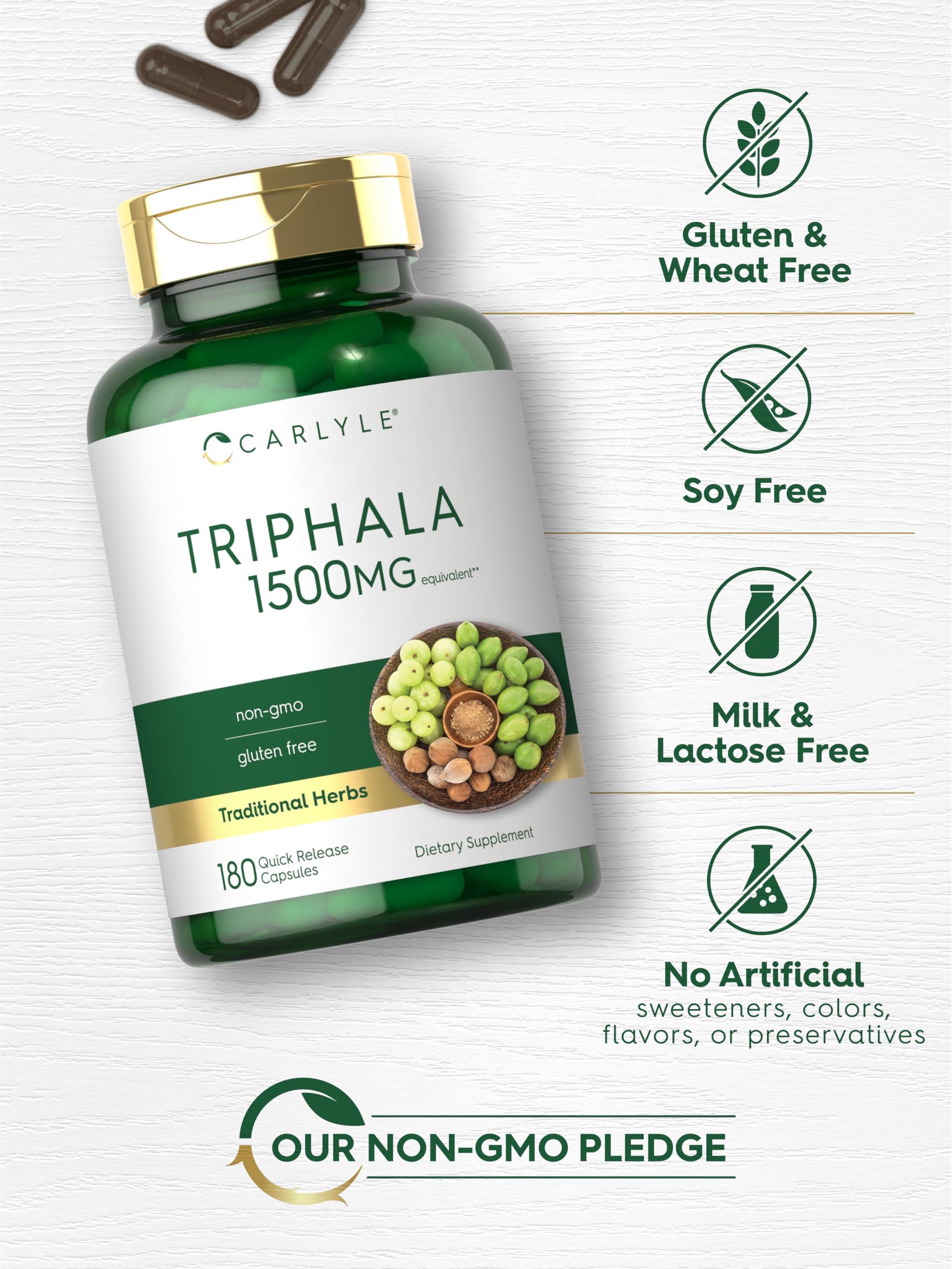 Quick release herbal capsules of Carlyle Triphala displayed next to the amber bottle