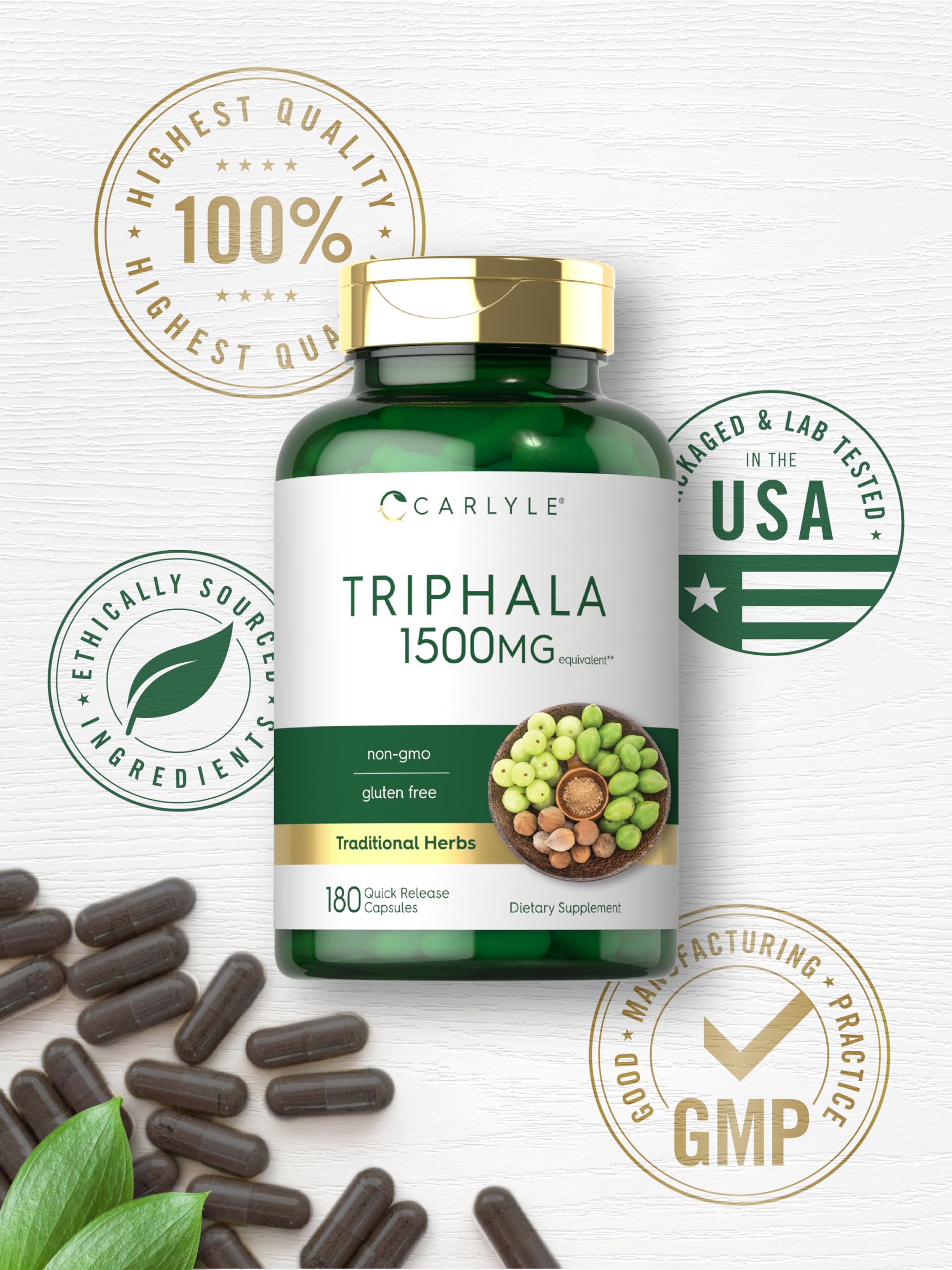 Carlyle Triphala 1500mg bottle showing supplement facts and recommended daily dosage instructions