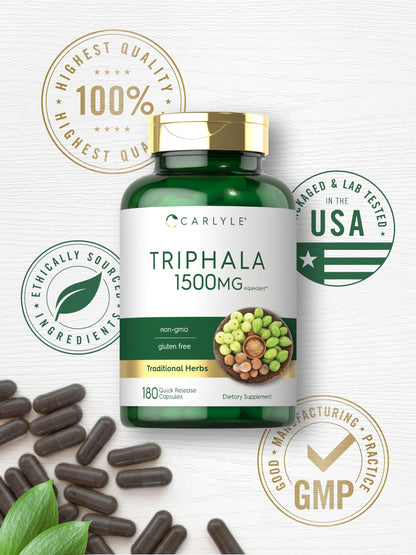 Carlyle Triphala 1500mg bottle showing supplement facts and recommended daily dosage instructions