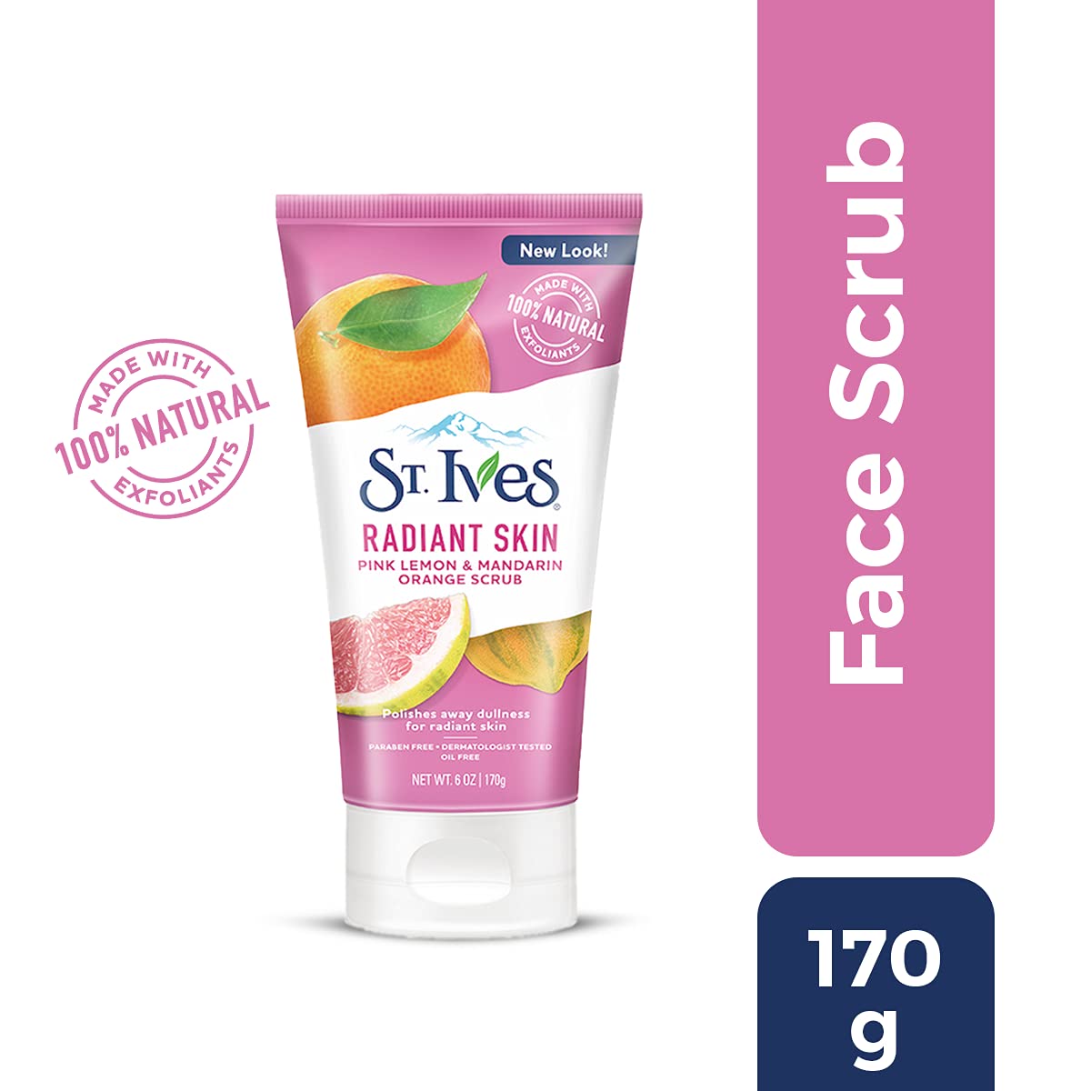 St. Ives brightening face scrub tube showcasing the moderate exfoliation factor label.