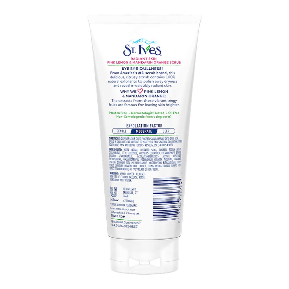 Back of the St. Ives pink lemon and mandarin orange scrub highlighting the natural walnut shell powder ingredient.