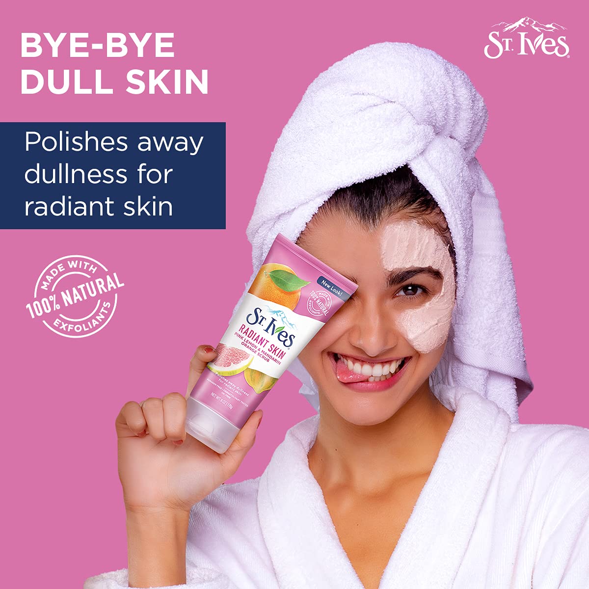 Dermatologist tested St. Ives pink lemon and mandarin orange scrub for glowing skin.