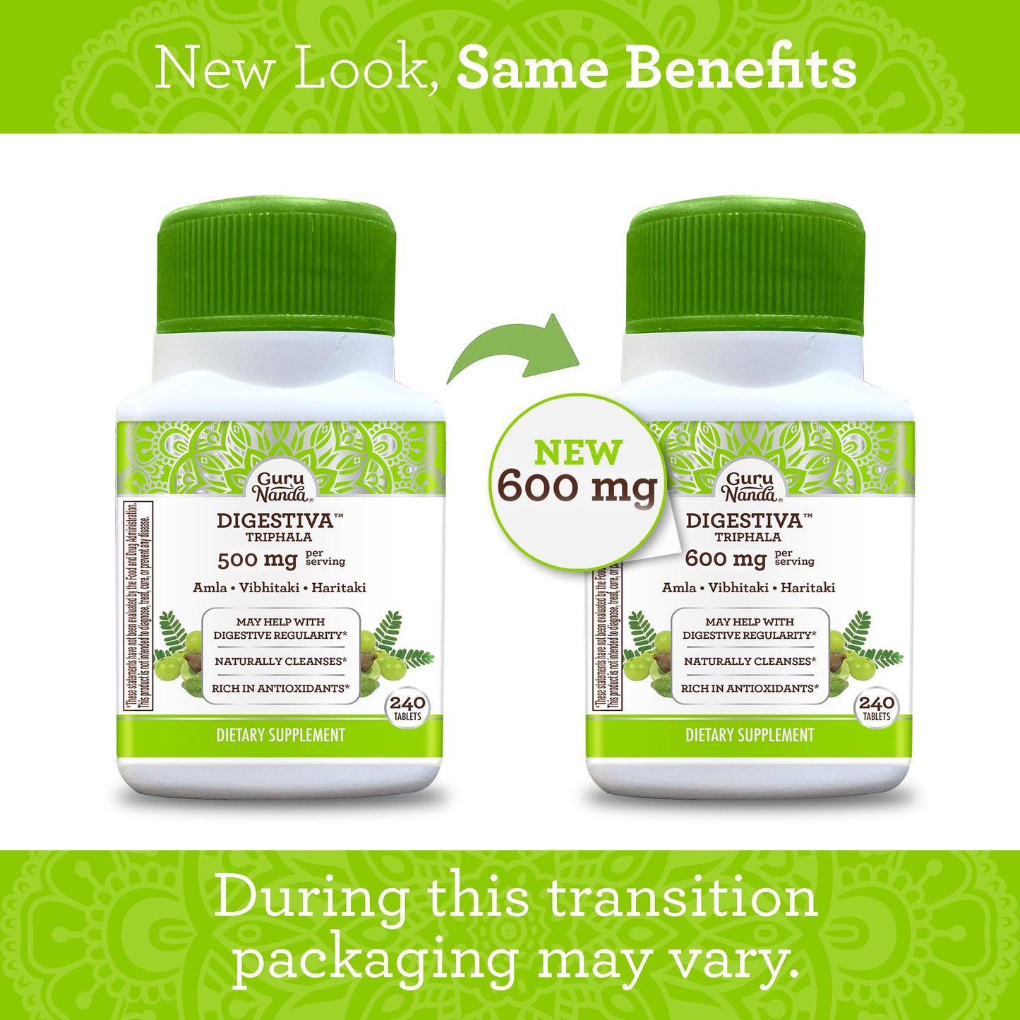 GuruNanda Digestiva Triphala supplement facts showing Amla Haritaki and Bibhitaki ingredients