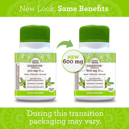 GuruNanda Digestiva Triphala supplement facts showing Amla Haritaki and Bibhitaki ingredients