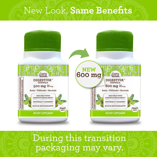 GuruNanda Digestiva Triphala supplement facts showing Amla Haritaki and Bibhitaki ingredients