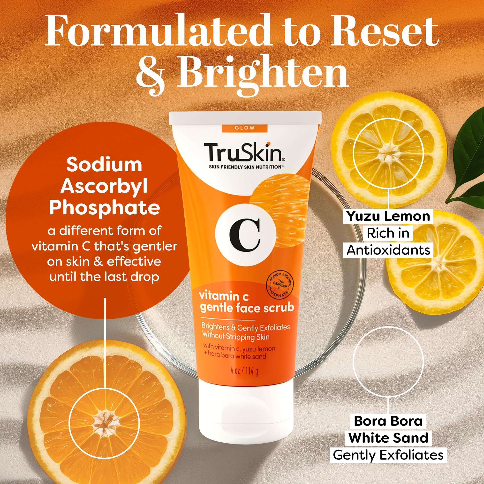 TruSkin brightening facial exfoliator tube with Bora Bora white sand and yuzu lemon ingredients.