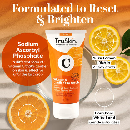 TruSkin brightening facial exfoliator tube with Bora Bora white sand and yuzu lemon ingredients.