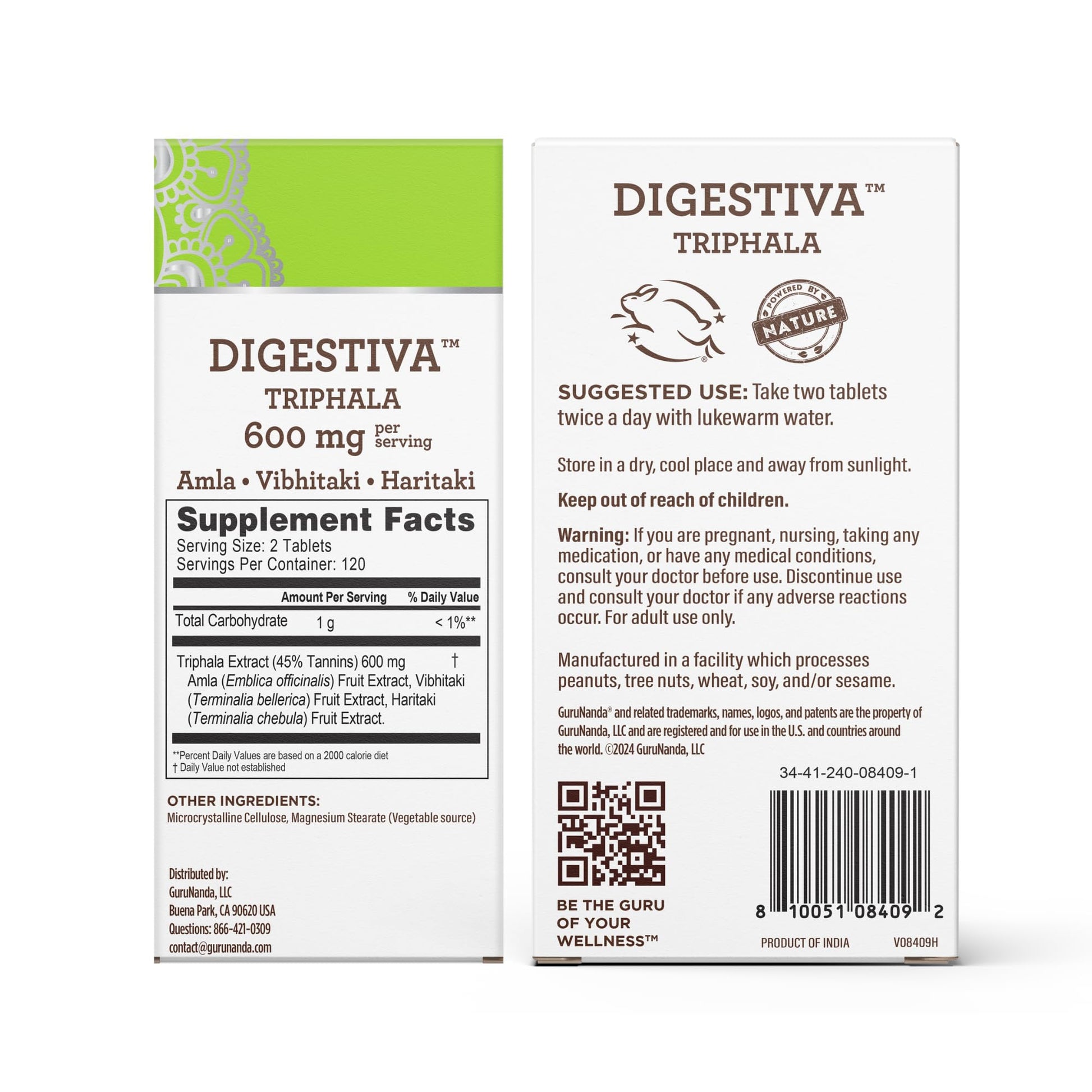 GuruNanda digestiva ayurvedic formula tablets container showcasing dosage and usage instructions