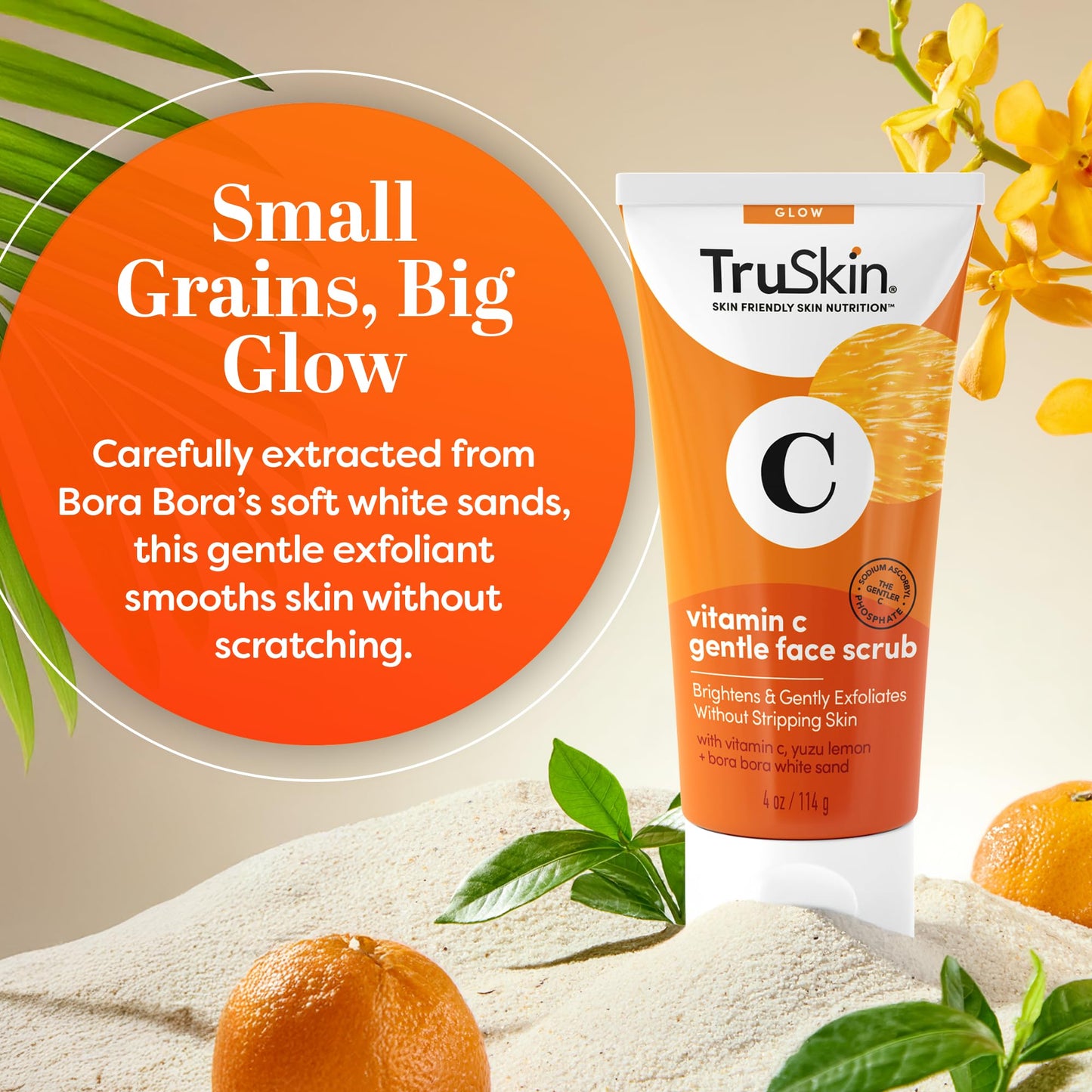 TruSkin skincare exfoliating scrub tube for removing dead skin cells and revealing smooth texture.
