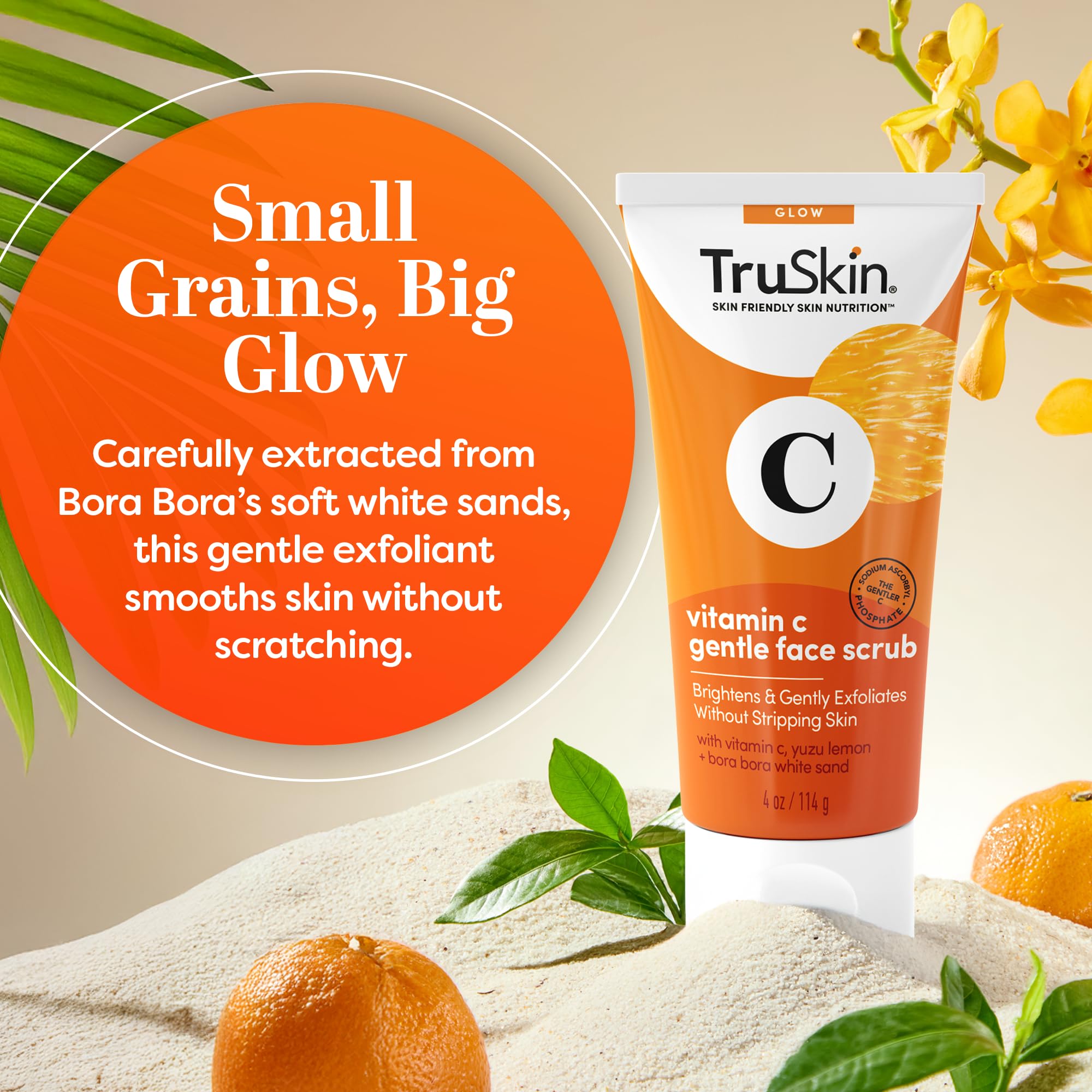 TruSkin skincare exfoliating scrub tube for removing dead skin cells and revealing smooth texture.
