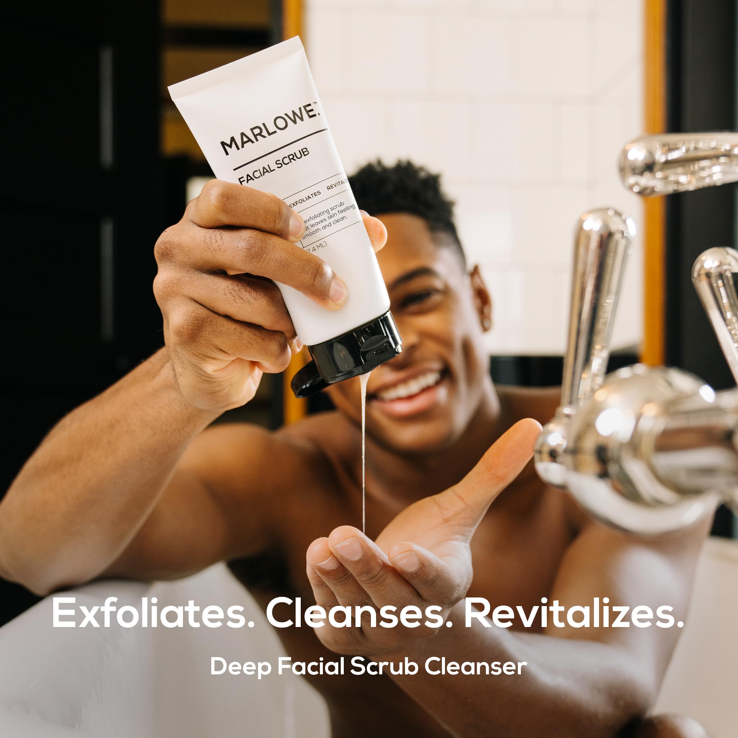 Marlowe men's exfoliating face wash tube showing natural ingredients