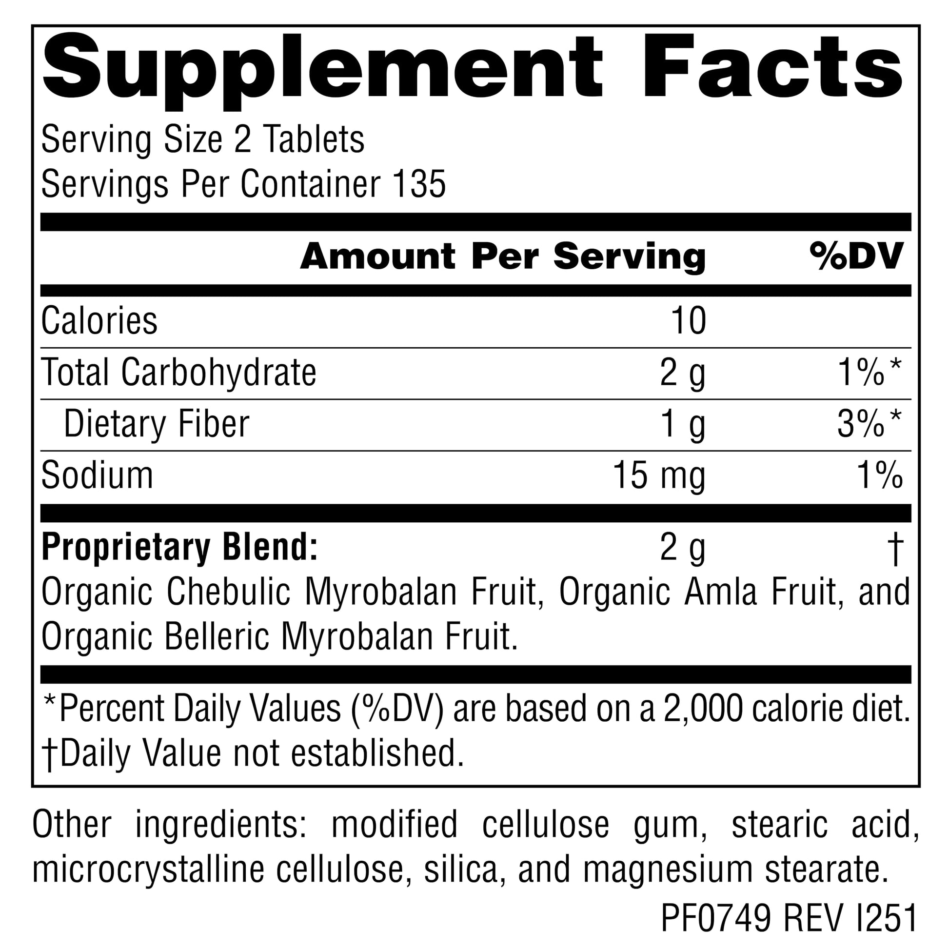 Planetary Herbals Triphala 1000mg supplement facts panel and organic ingredients list