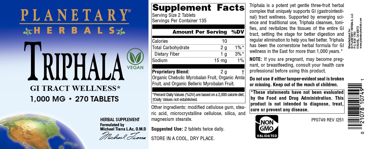 Planetary Herbals Triphala three fruit blend supplement bottle side view showing safety seal