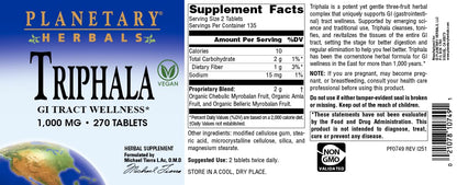 Planetary Herbals Triphala three fruit blend supplement bottle side view showing safety seal