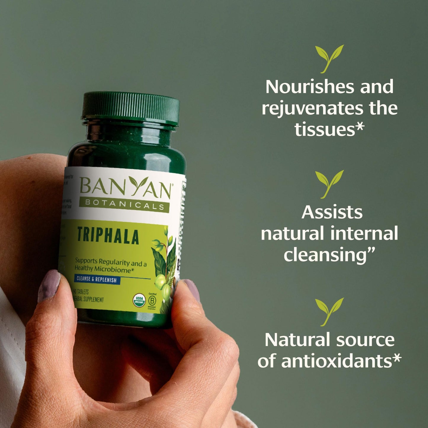 Banyan Botanicals Triphala tablets dietary supplement facts and organic ingredients label on reverse side