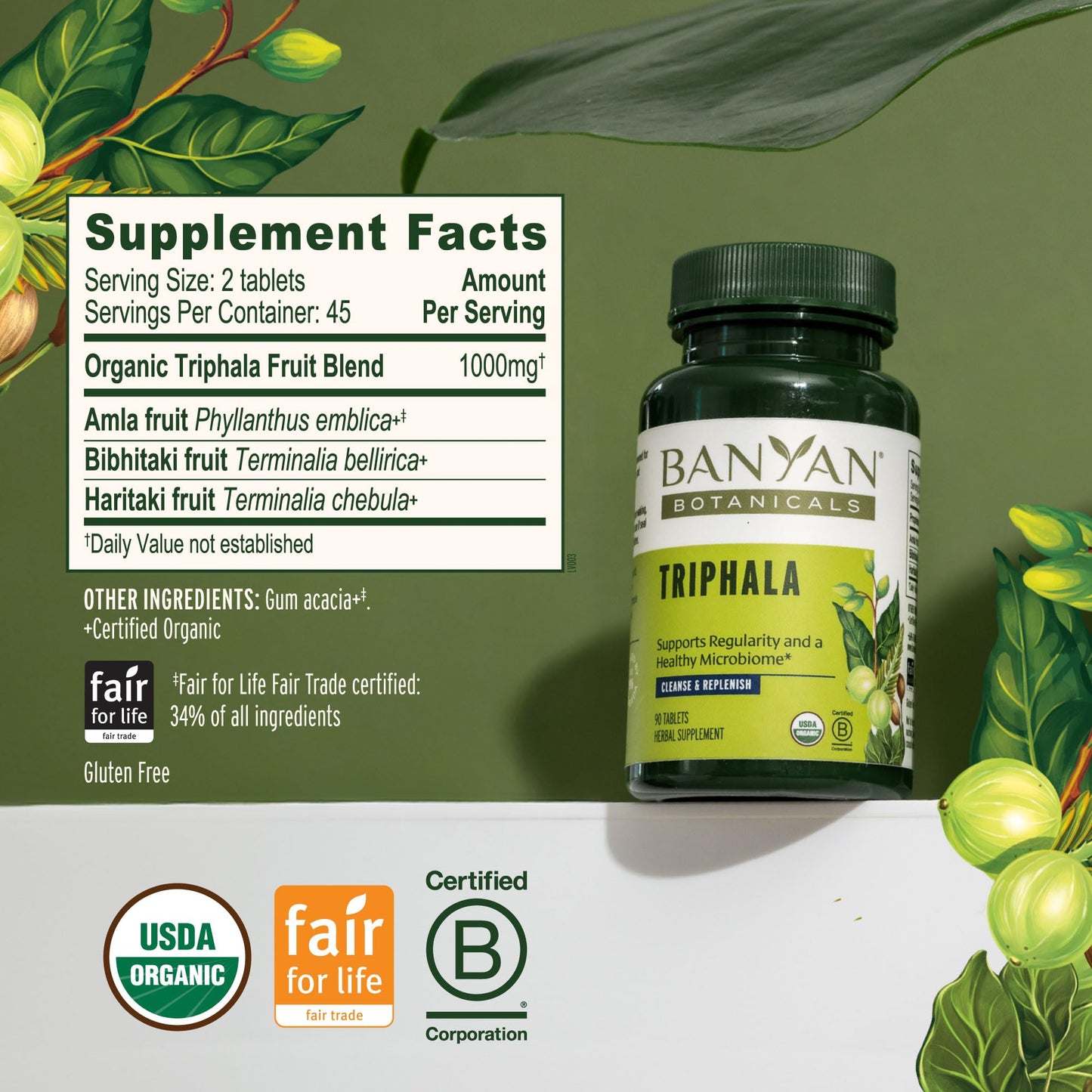 Authentic Banyan Botanicals Ayurvedic three fruit blend supplement bottle standing upright