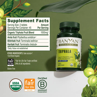 Authentic Banyan Botanicals Ayurvedic three fruit blend supplement bottle standing upright