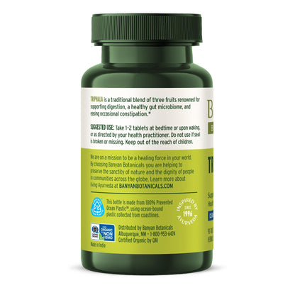 Banyan Botanicals non GMO vegan certified Triphala supplement bottle highlighting quality seals