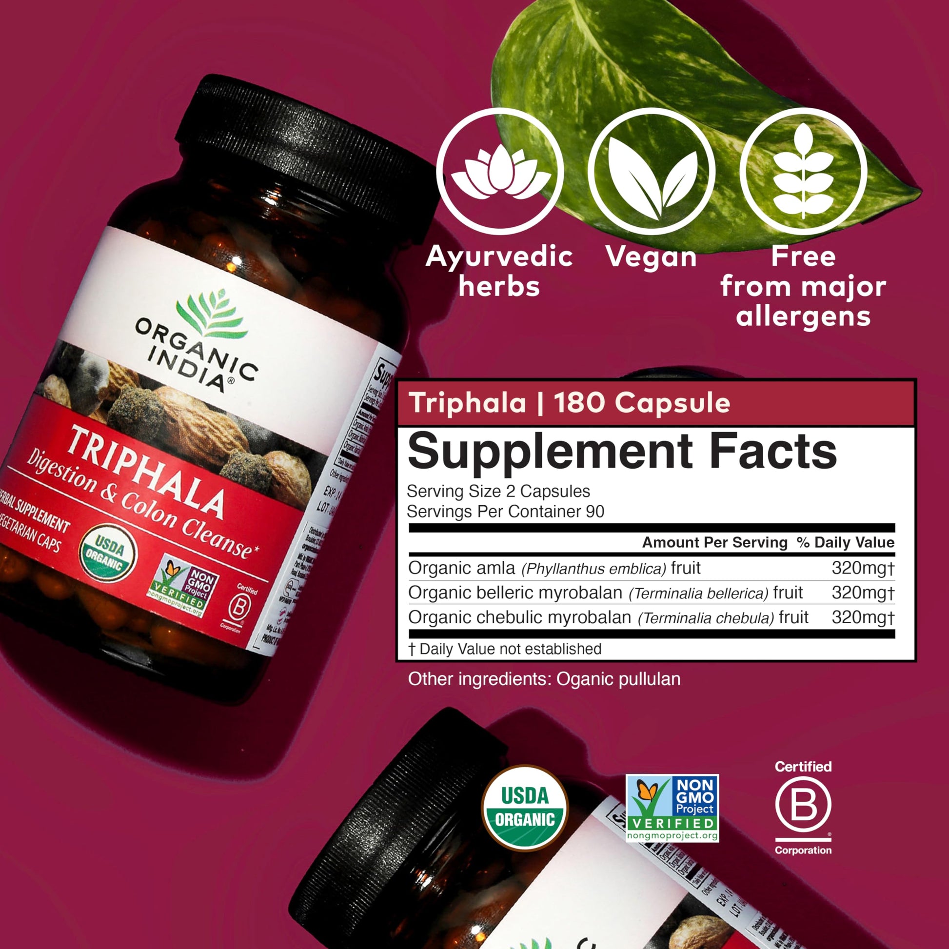 Authentic Organic India Triphala 180 count container showcasing the non-GMO project verified badge