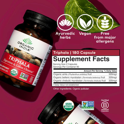 Authentic Organic India Triphala 180 count container showcasing the non-GMO project verified badge