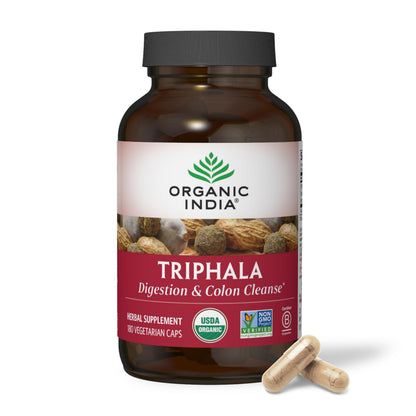 Close up of the supplement facts panel on the Organic India Triphala digestion support bottle detailing ingredient milligrams