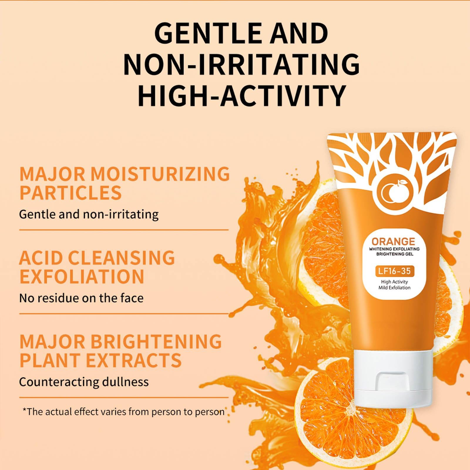 Deep cleansing orange exfoliating moisturizer gel formulation details and bottle back view