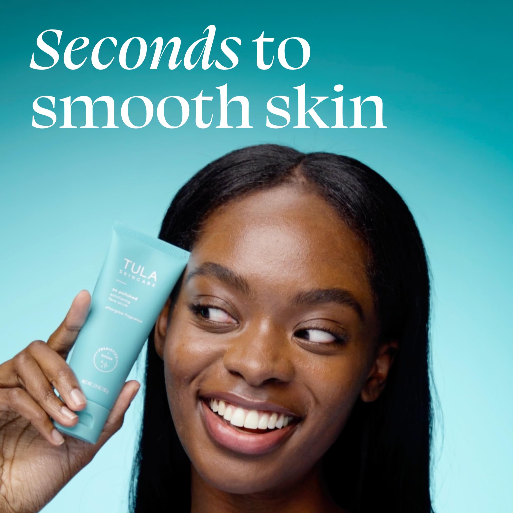 Tula Skincare face exfoliator container showing prebiotic extracts and fruit enzymes label