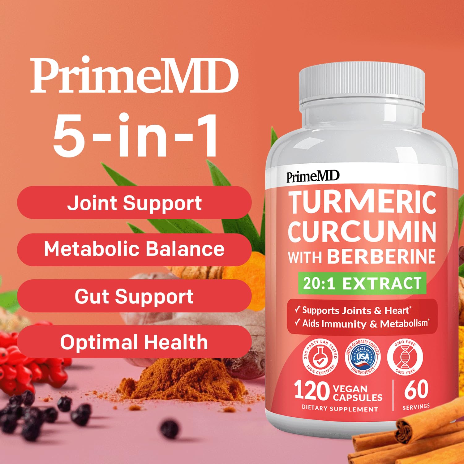 PrimeMD turmeric and berberine dietary supplement showing supplement facts and 4210 milligram blend