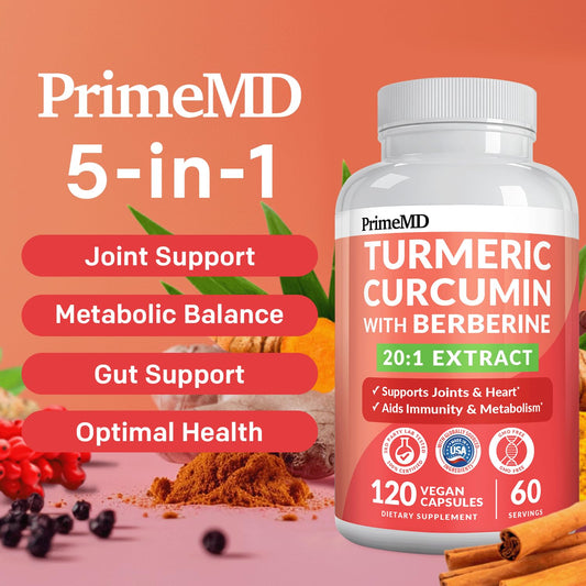 PrimeMD turmeric and berberine dietary supplement showing supplement facts and 4210 milligram blend