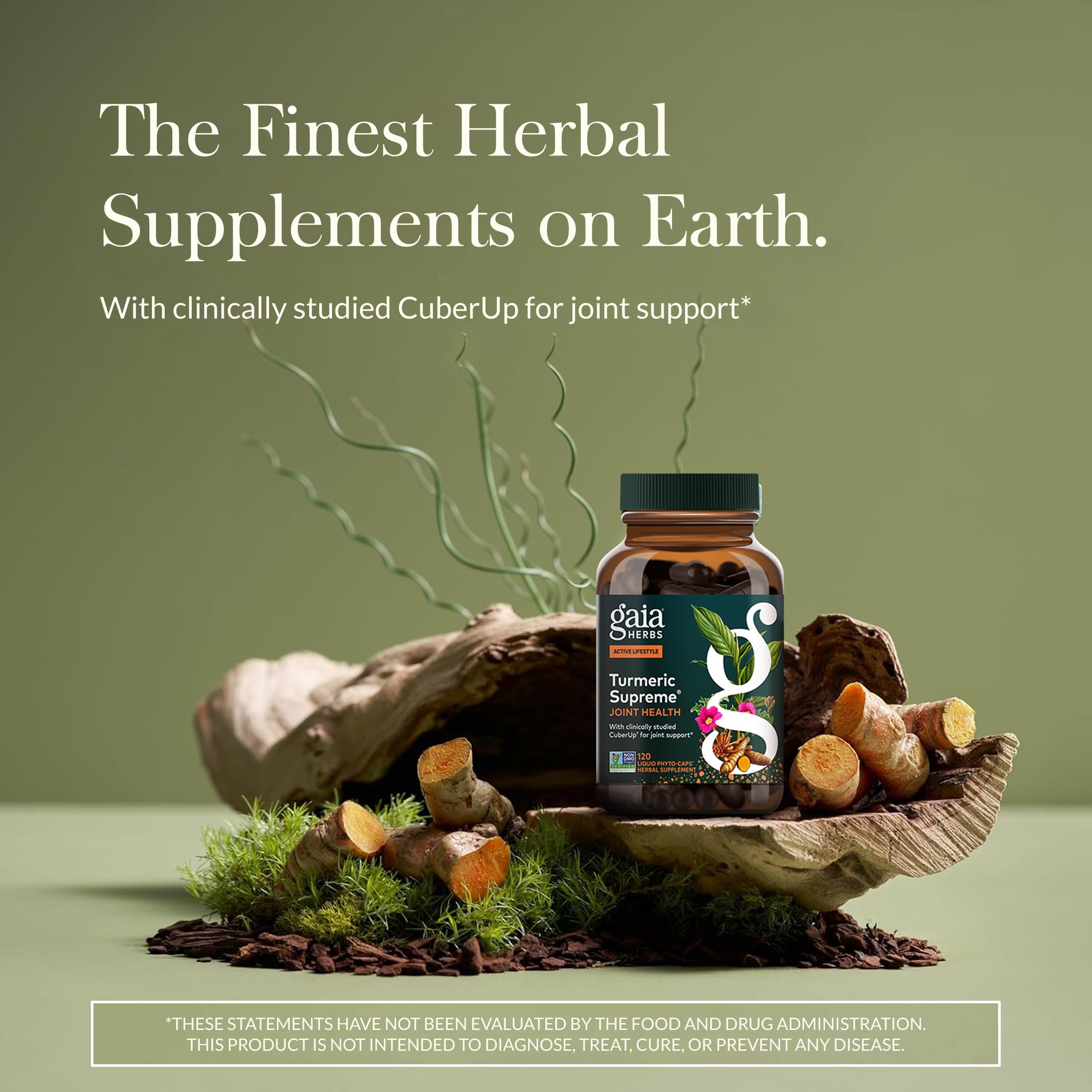 Side angle of Gaia Herbs Turmeric Supreme joint support supplement bottle displaying clear vegan liquid phyto-capsules label