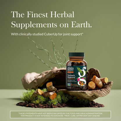 Side angle of Gaia Herbs Turmeric Supreme joint support supplement bottle displaying clear vegan liquid phyto-capsules label