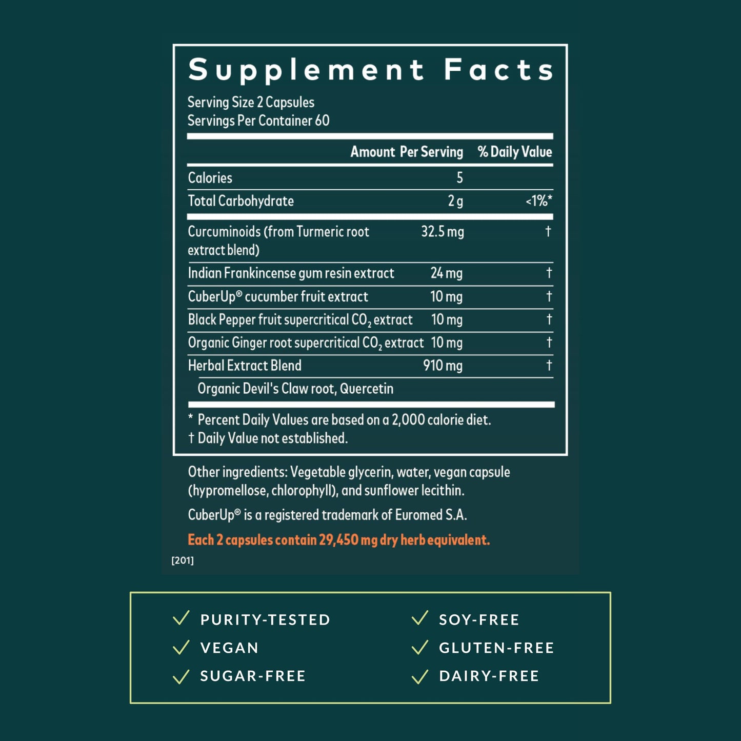 Back label of Gaia Herbs Turmeric Supreme Joint Health illustrating detailed supplement facts and curcuminoids ingredients