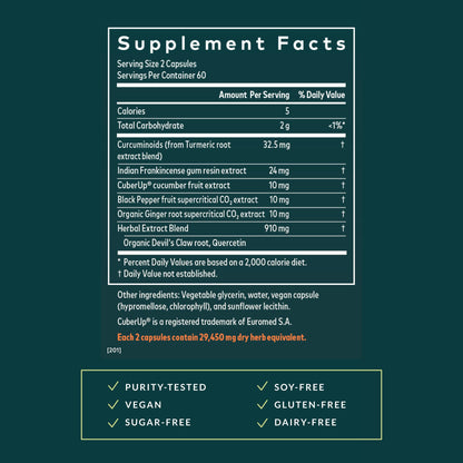 Back label of Gaia Herbs Turmeric Supreme Joint Health illustrating detailed supplement facts and curcuminoids ingredients