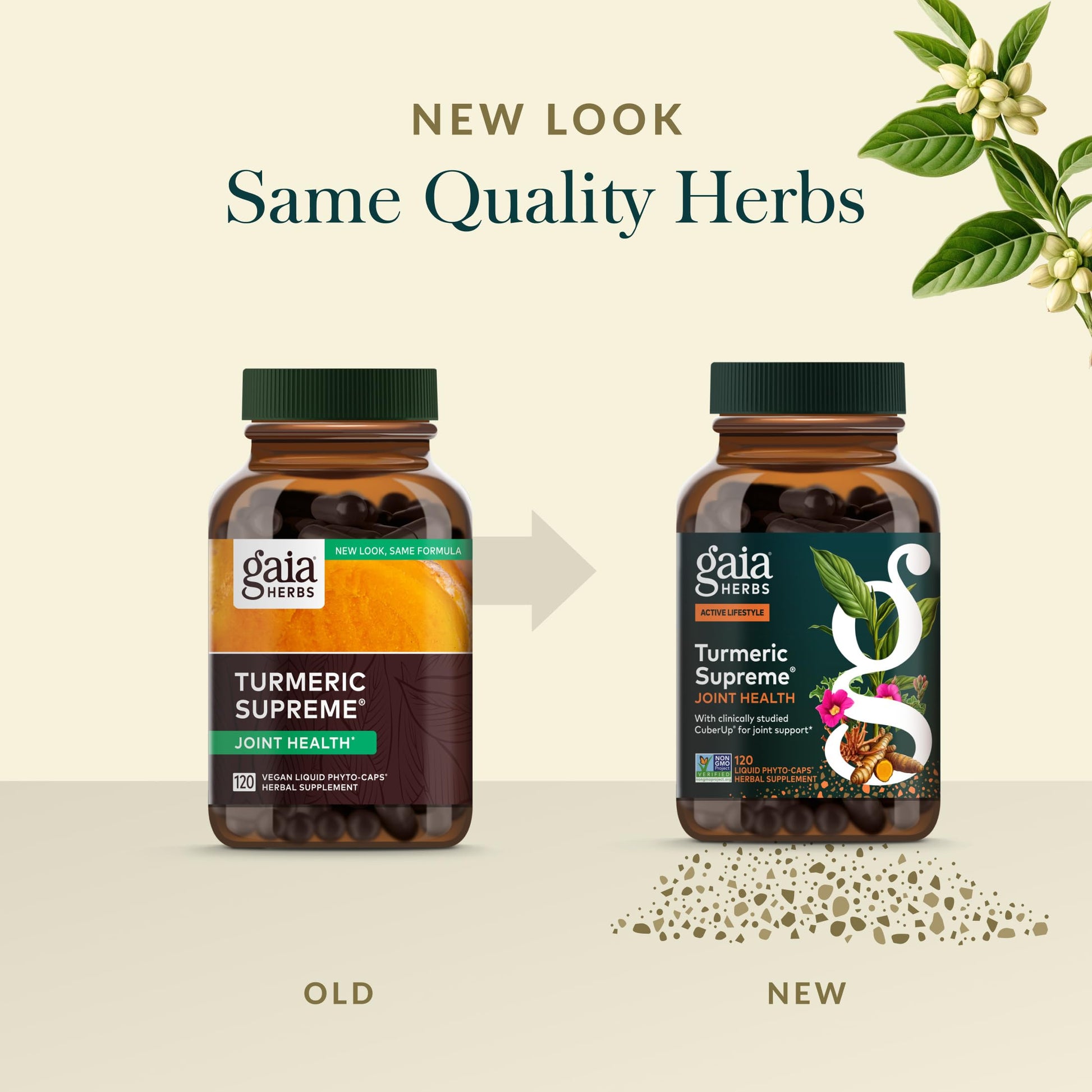 Gaia Herbs Turmeric Supreme joint health dietary supplement package showing dosage instructions and directions for use