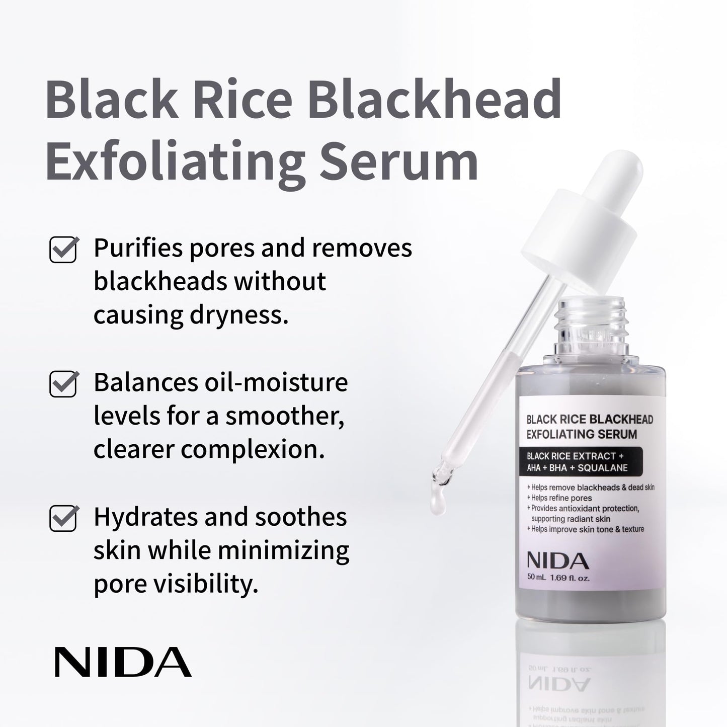 Back label of NIDA black rice face scrub detailing ingredients and size specifications