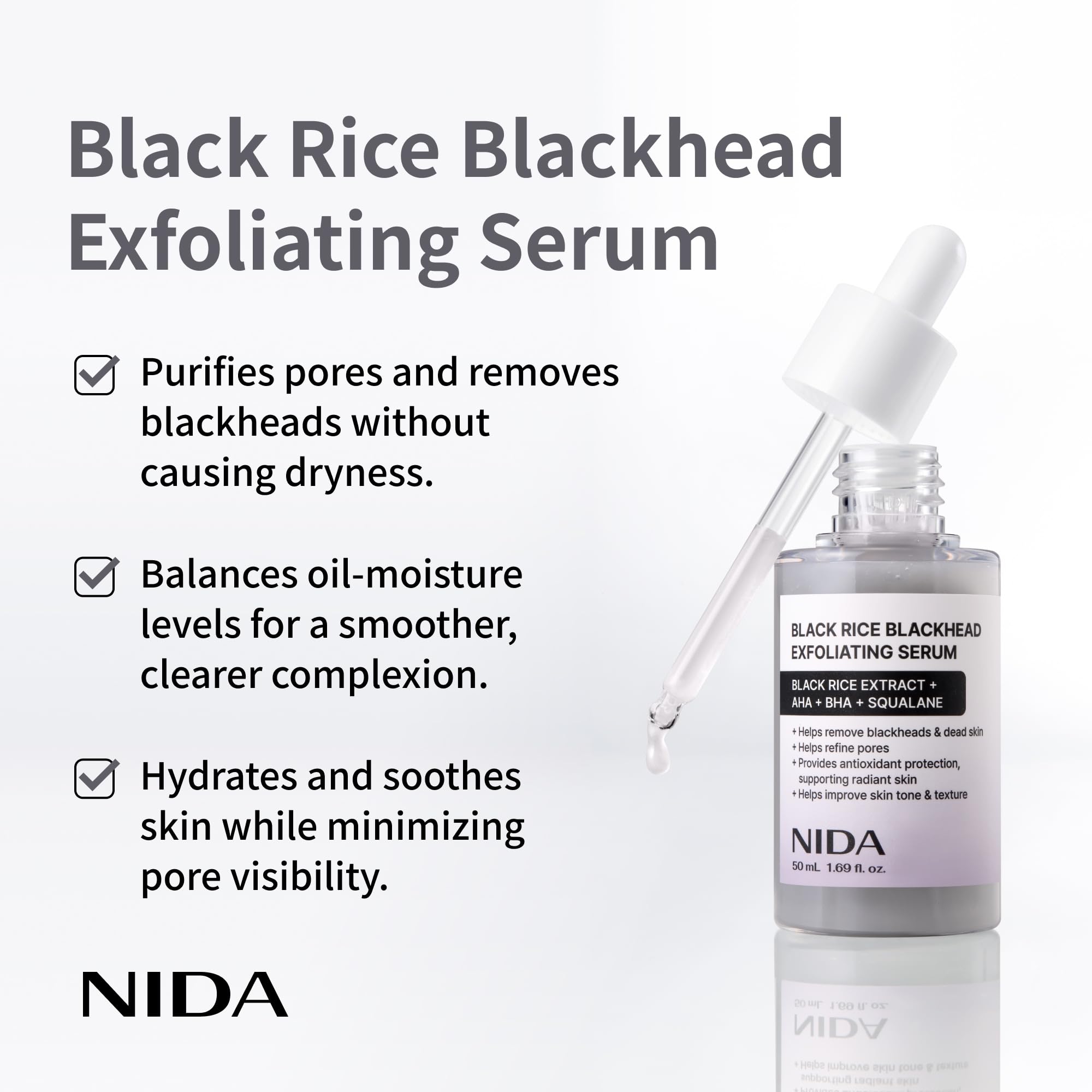 Back label of NIDA black rice face scrub detailing ingredients and size specifications