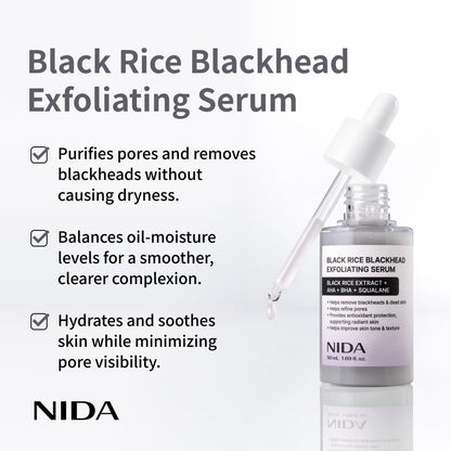 Back label of NIDA black rice face scrub detailing ingredients and size specifications