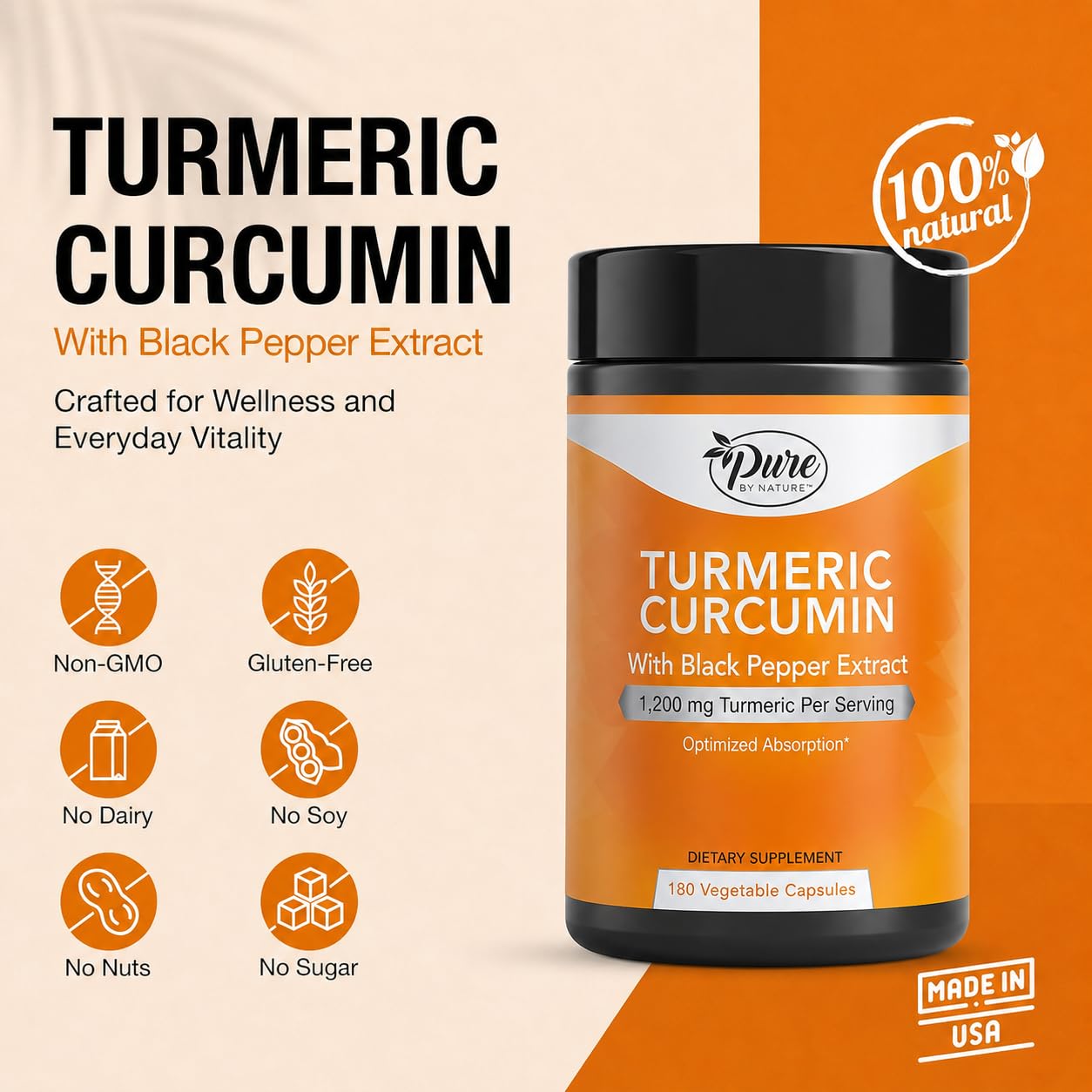 Pure By Nature organic turmeric supplement bottle showing 1200 milligrams serving size facts