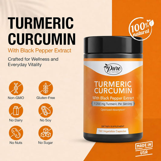 Pure By Nature organic turmeric supplement bottle showing 1200 milligrams serving size facts
