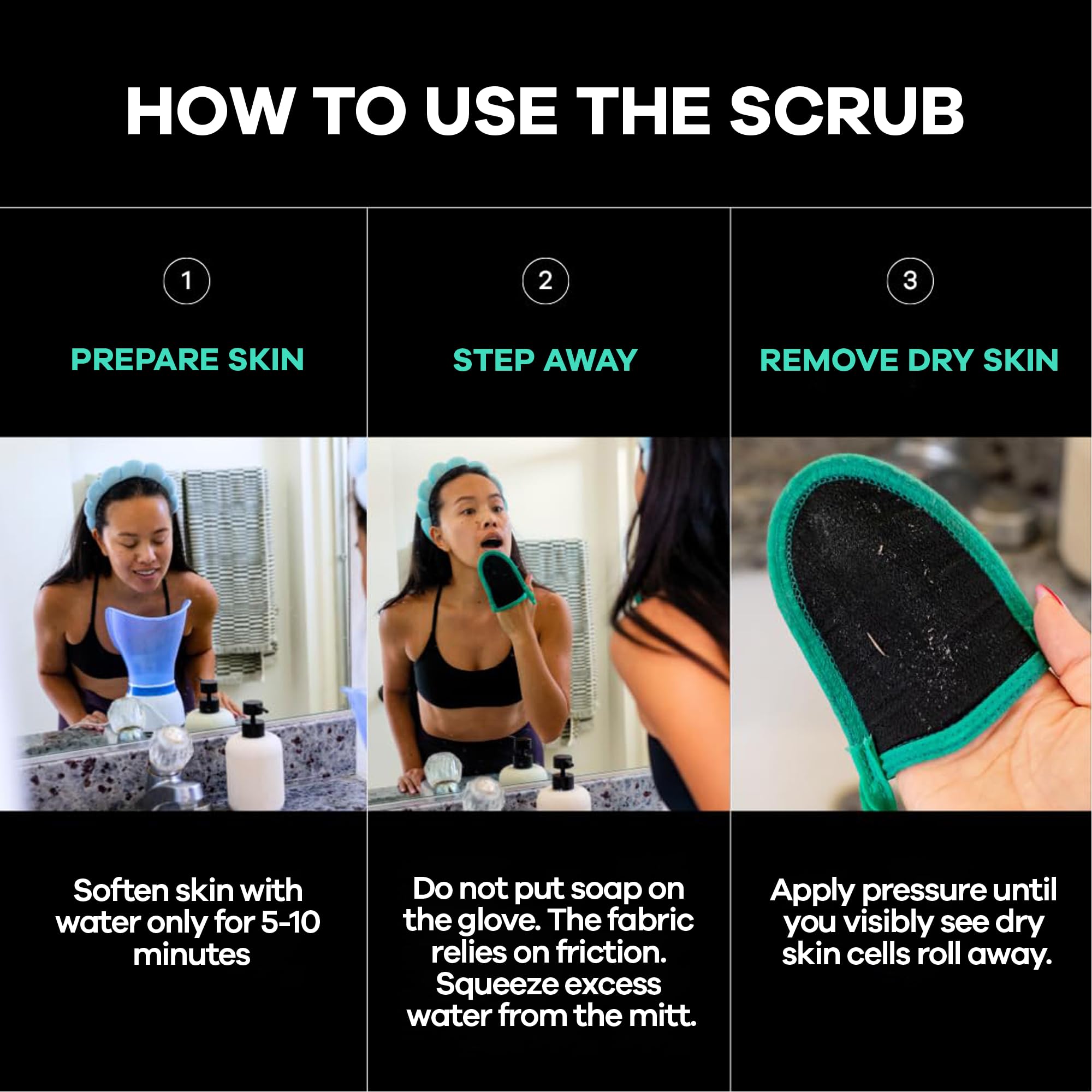 Before and after visualization of smooth radiant skin texture using the USA imported face mitt.
