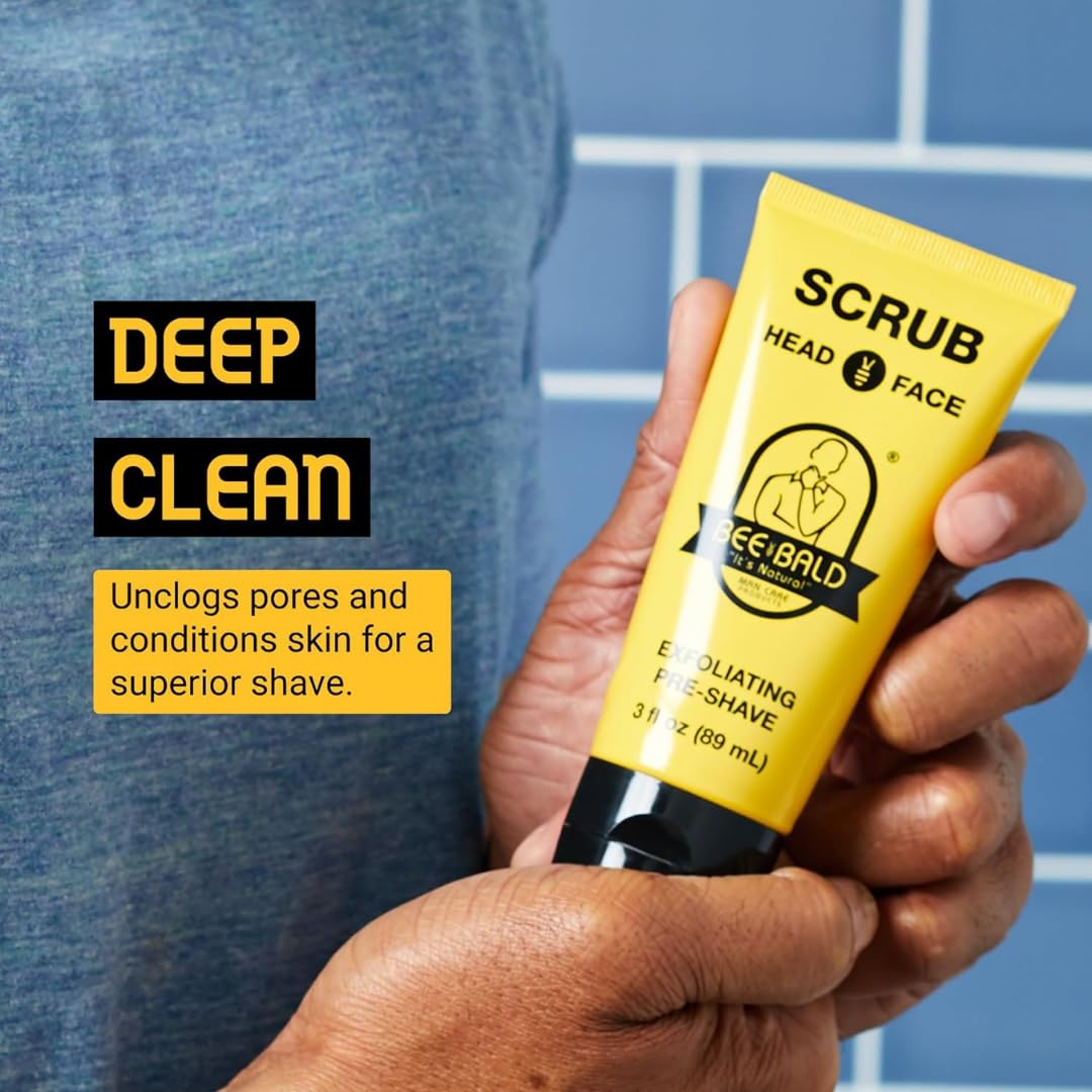 Bee Bald pre shave face and head scrub packaging details