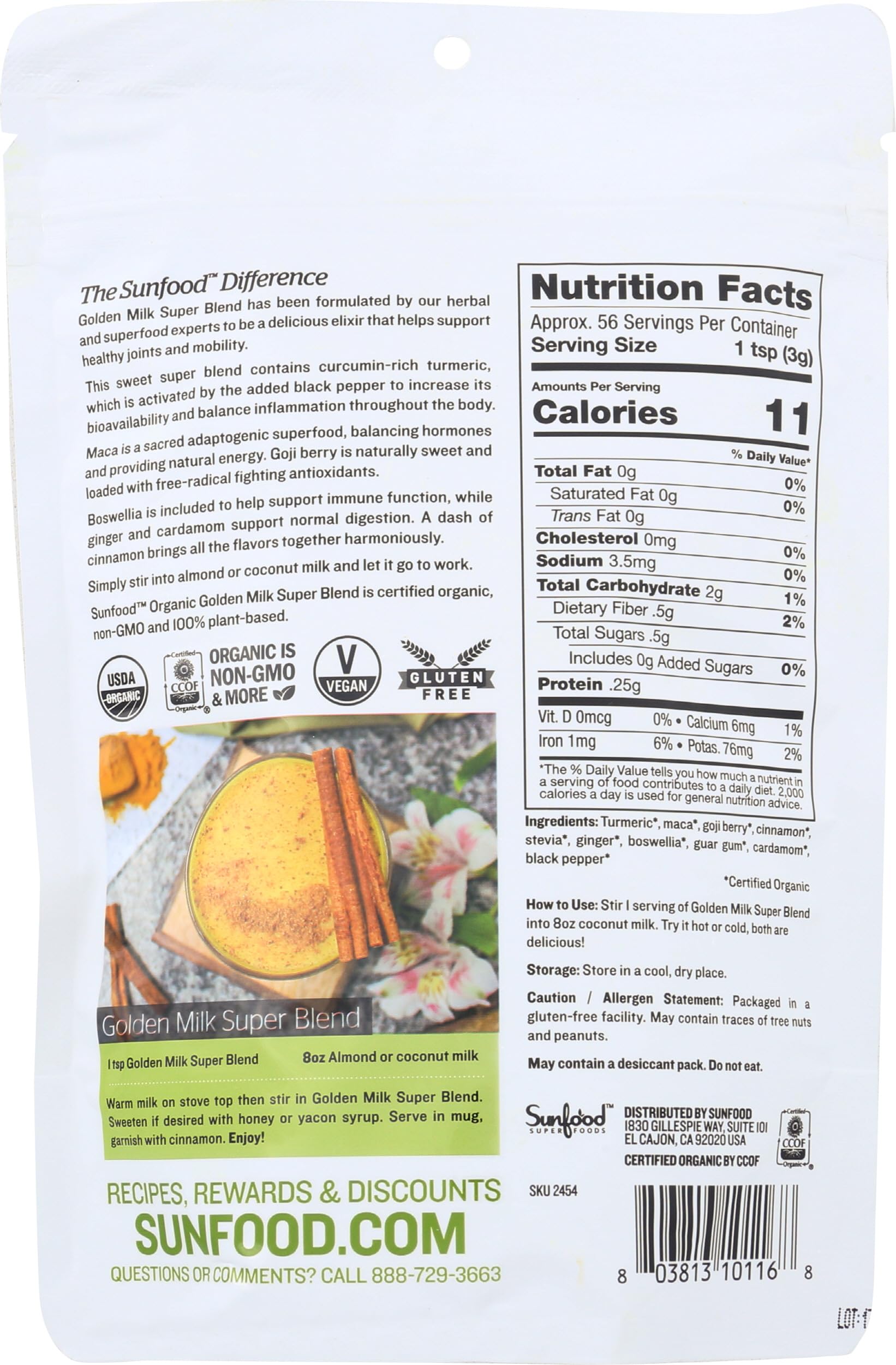Sunfood Superfoods turmeric and black pepper powder nutritional facts and organic certification labels on back panel.