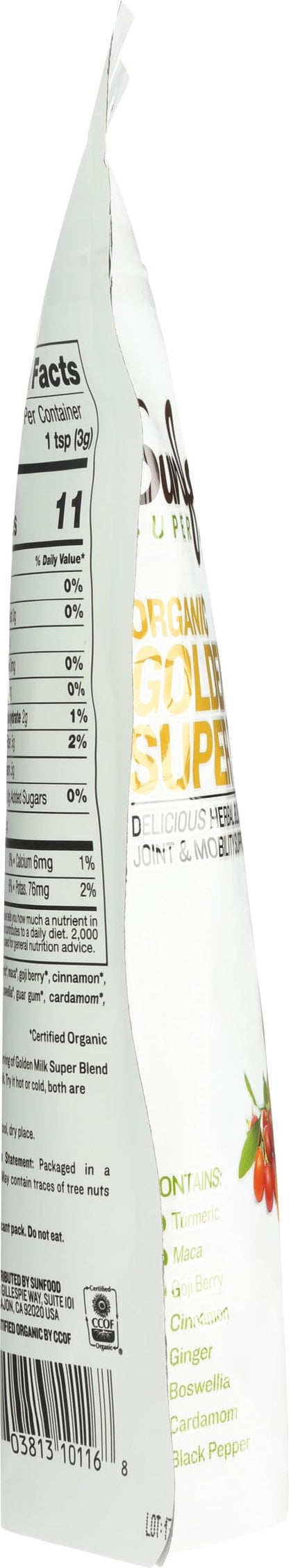 Sunfood Superfoods Golden Milk packaging highlighting the USDA Organic Non GMO and Vegan badges.